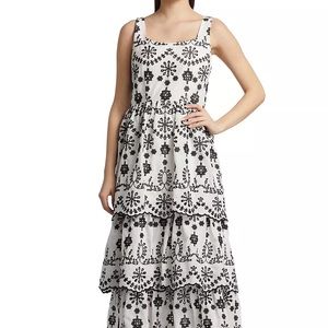 Elie Tahari Embroidered White and Black Cotton Tiered Maxi Dress Sz 2 Bridal